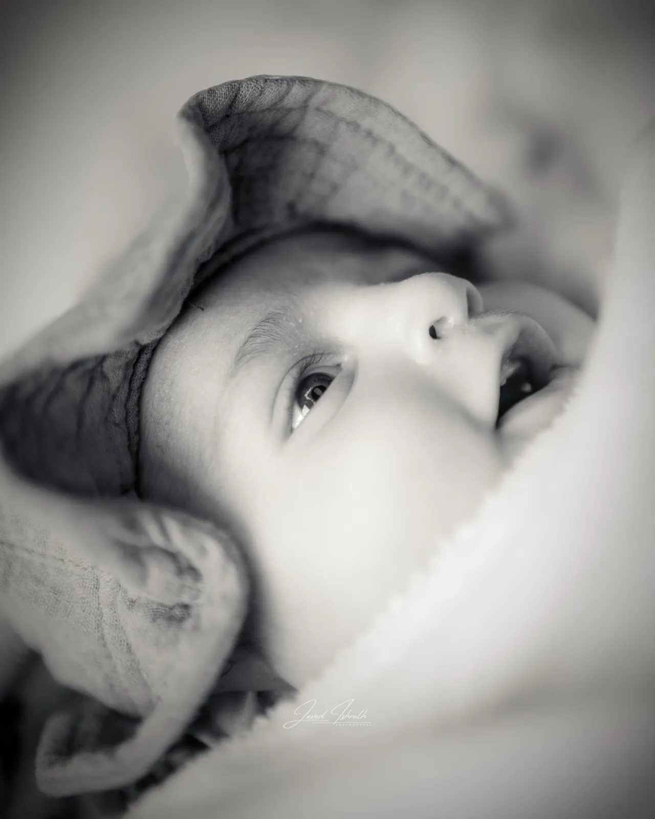 Black and white portrait of a baby wrapped in a blanket